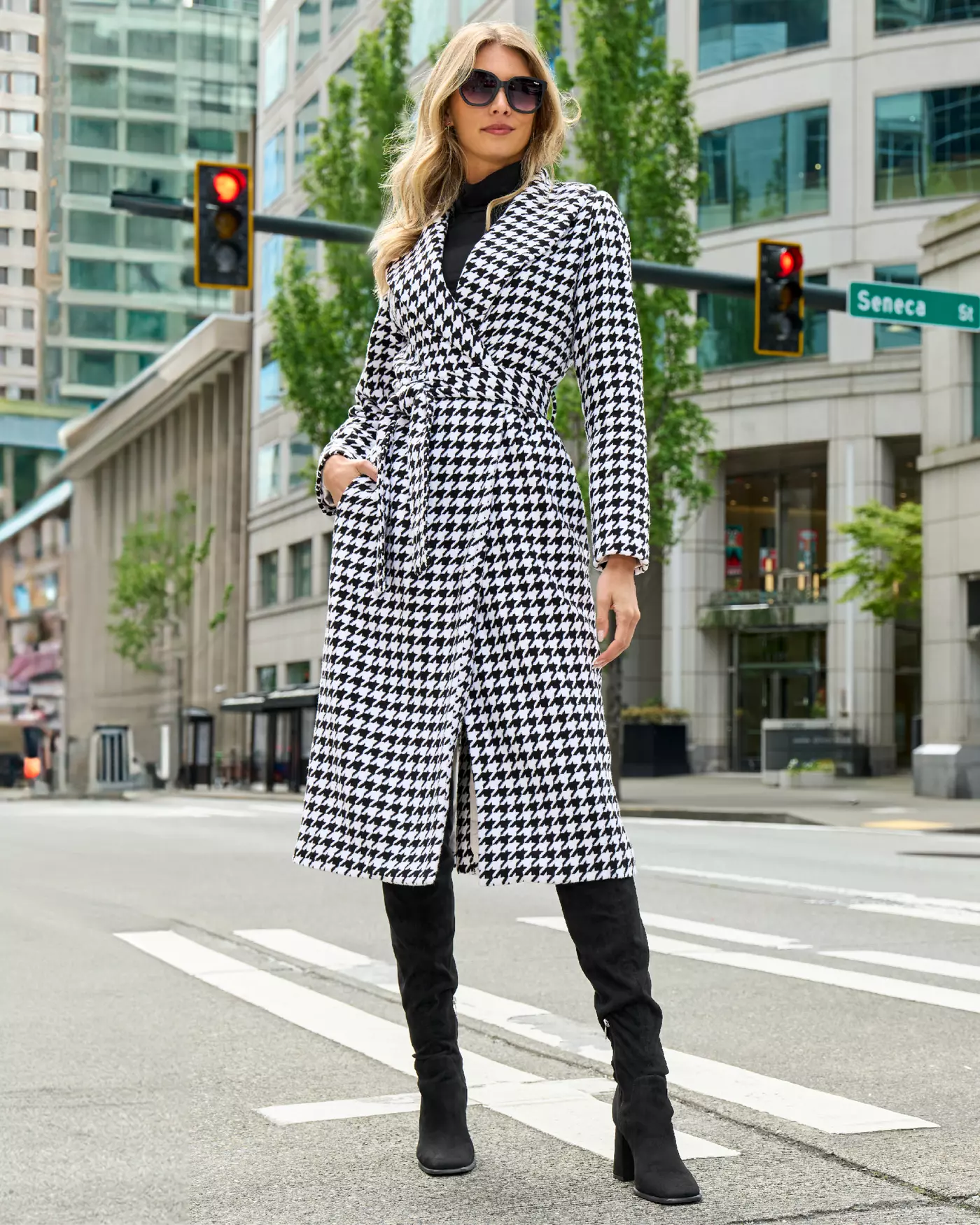 The Noir Parisian Houndstooth Long Shawl Coat Crocheted Silk Lining
