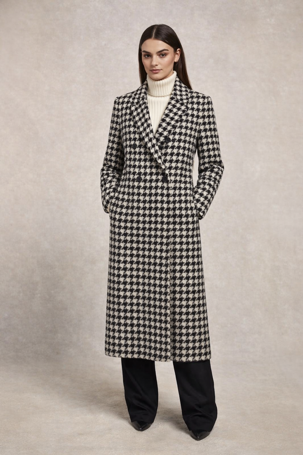 The Noir Parisian Houndstooth Long Shawl Coat Crocheted Silk Lining
