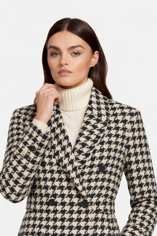 The Noir Parisian Houndstooth Long Shawl Coat Crocheted Silk Lining