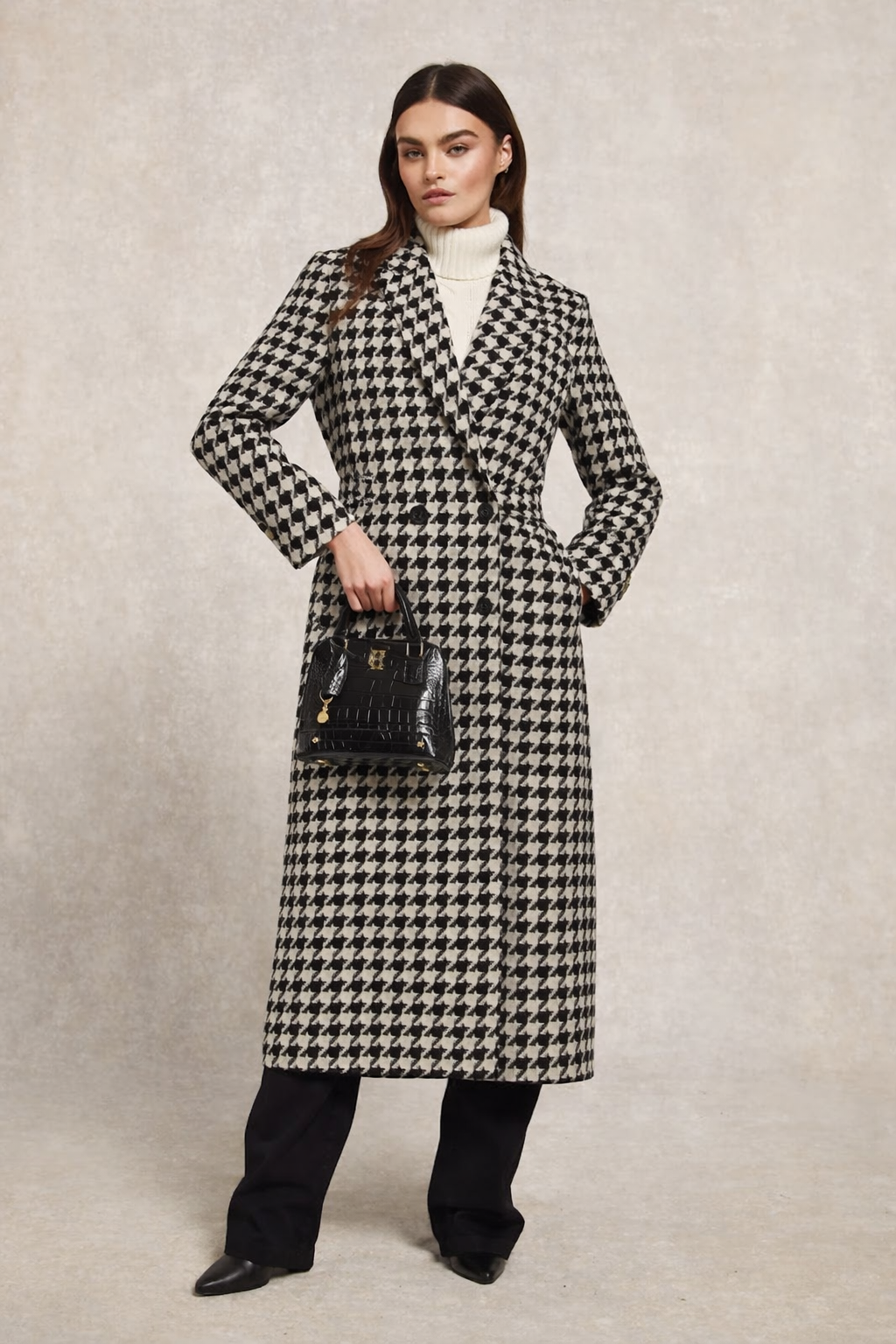 The Noir Parisian Houndstooth Long Shawl Coat Crocheted Silk Lining